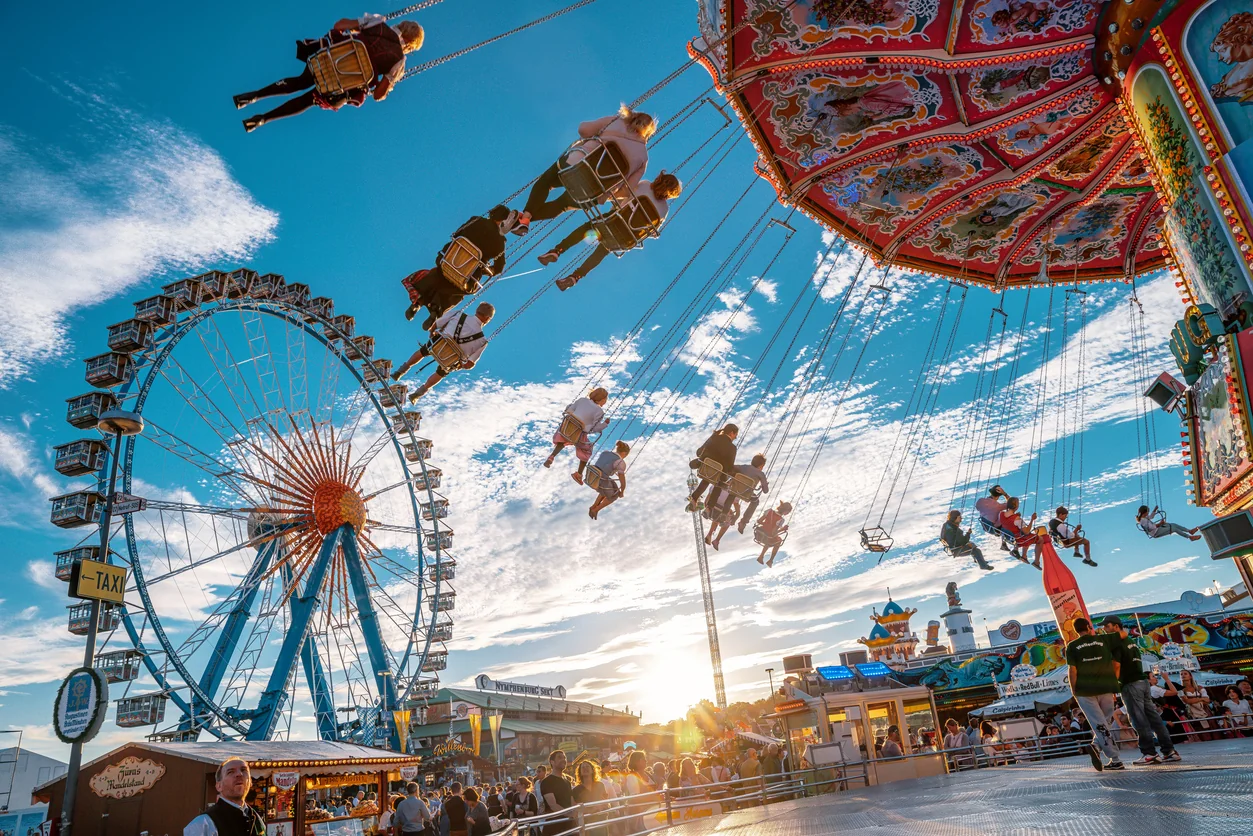 Swing ride and Ferris wheel at an amusement park