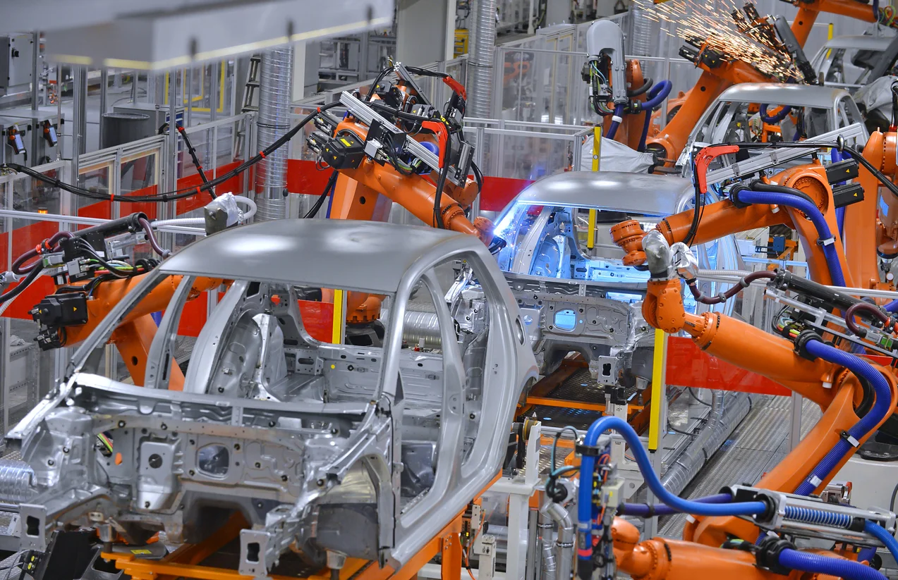 Industrial robots in an automotive production line