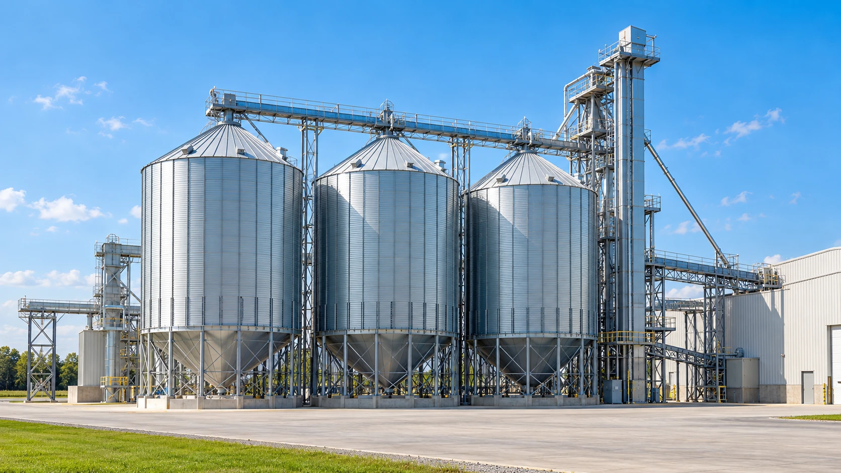 Silver grain storage silos beneath a clear blue sky